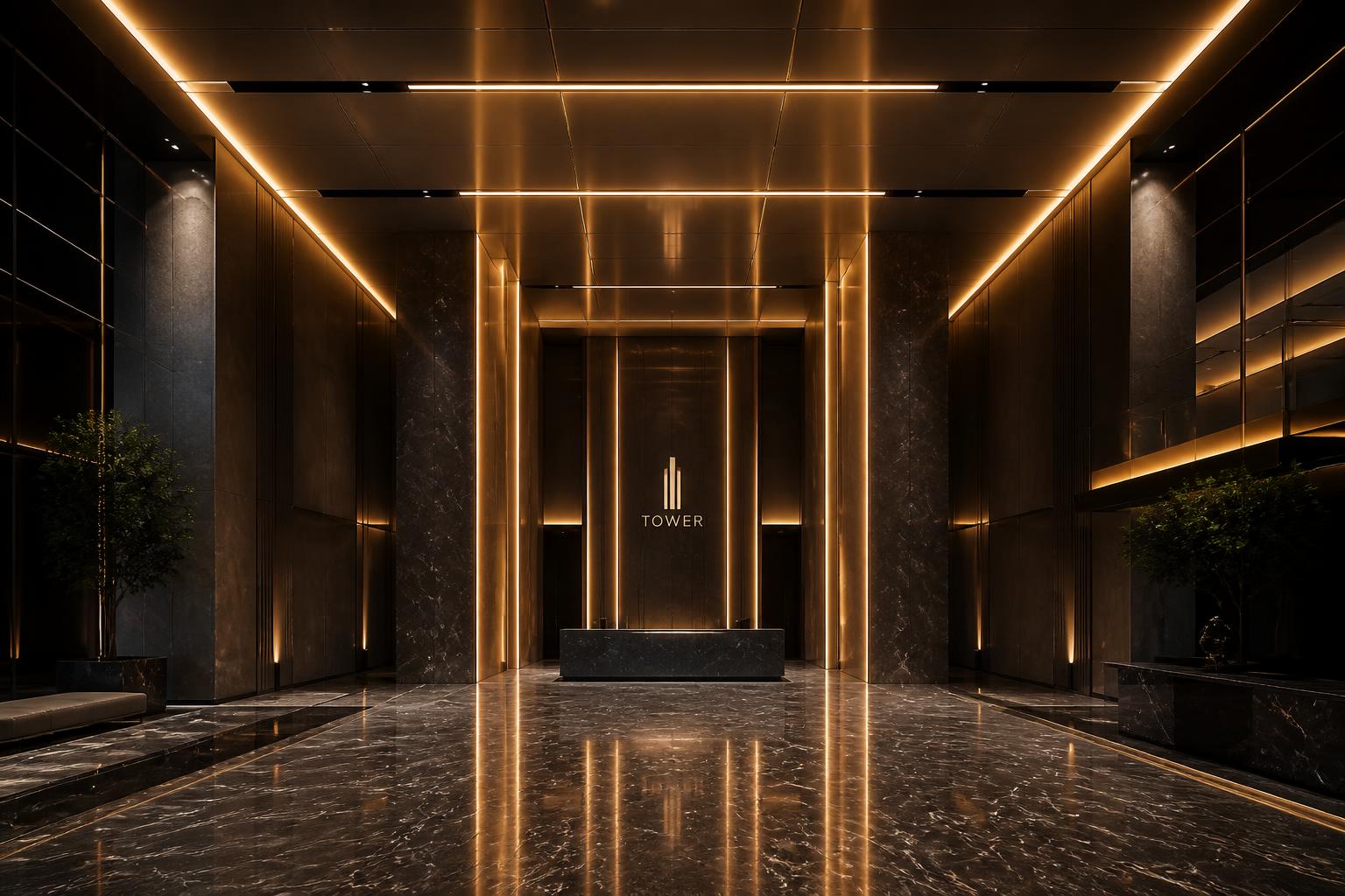 Architectural linear lighting in a luxury corporate lobby